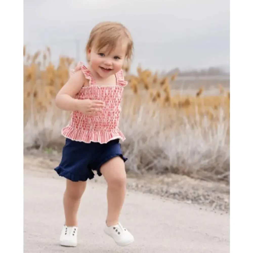 Monica + Andy Smocked Top + Ruffle Short Red Stripes